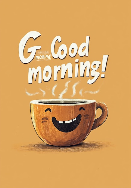 A cup of anthropomorphic coffee runs with good morning steam