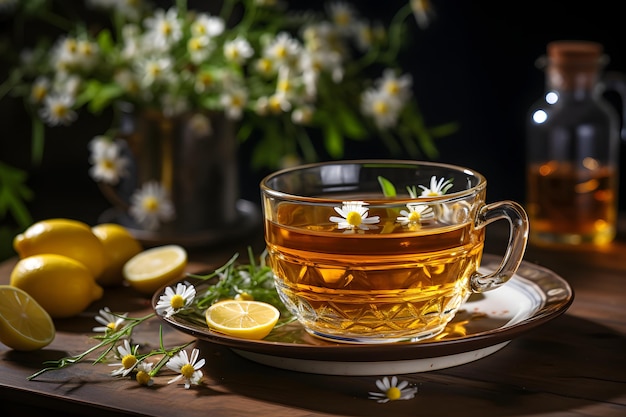 Cup of aromatic chamomile tea with fresh flowers and lemon slices on the table Organic and natural herbal hot healthy beverage