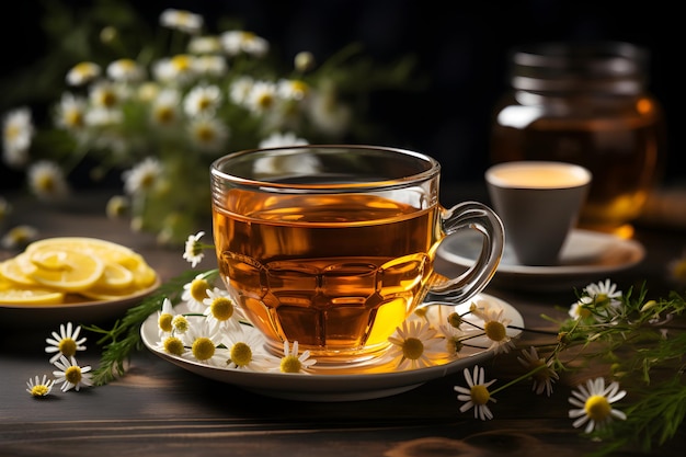 Cup of aromatic chamomile tea with fresh flowers and lemon slices on the table Organic and natural herbal hot healthy beverage