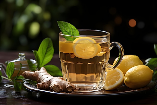 Cup of aromatic ginger and lemon tea with fresh leaves and fruits slices on the table Organic and natural hot healthy beverage