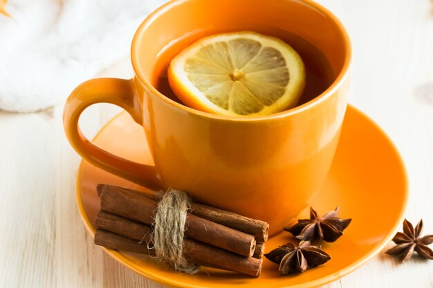 Cup of autumn tea with lemon cinnamon and badyan