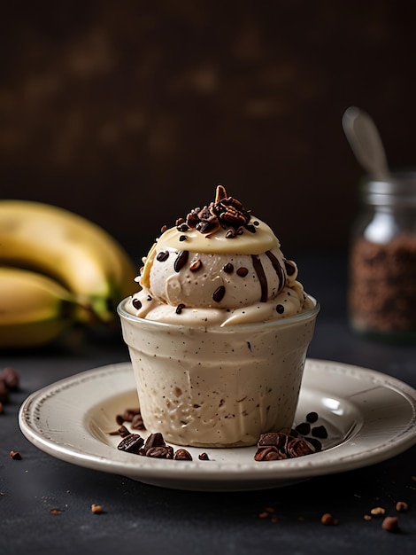 a cup of banana mixt vanilla ice cream sits on a plate next to a banana