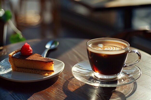 a cup of black coffe in a clear glass