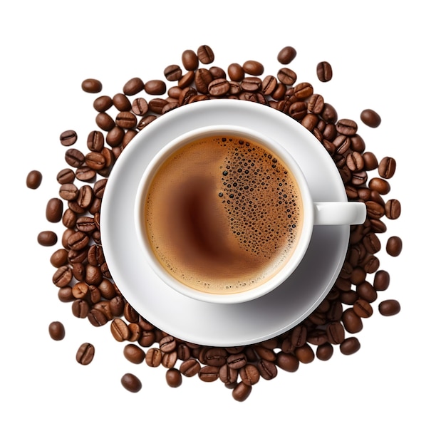 cup of black coffee with coffee beans top view isolated on a white background