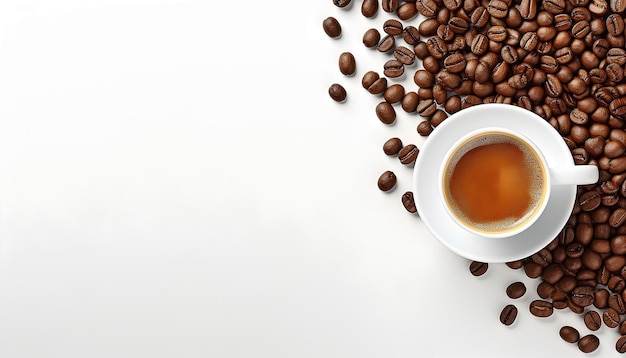 cup of black coffee with coffee beans top view isolated on a white background