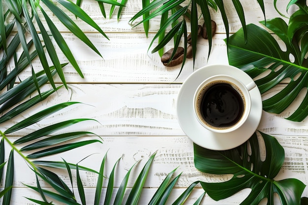 Cup of Black Coffee with Green Tropical Leaves on White Background