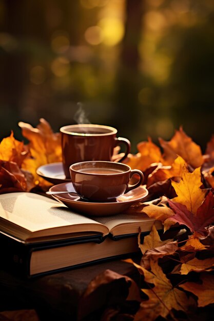 Cup of black tea with books and autumn leaves AI Generated