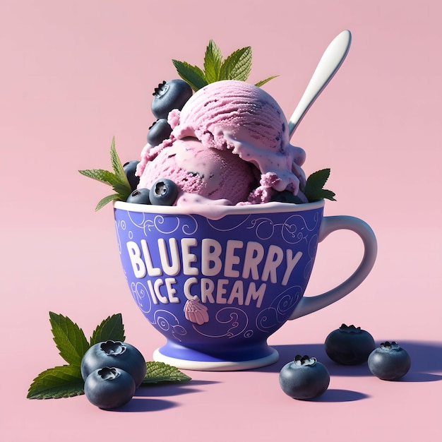 a cup of blueberry ice cream with a spoon in it