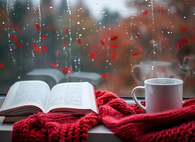 Photo a cup and a book on a window sill with rain drops falling on it