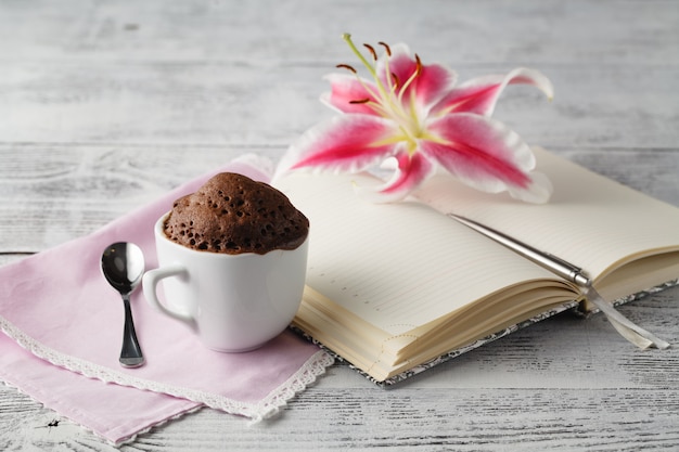 Cup cake in teacup with coffee