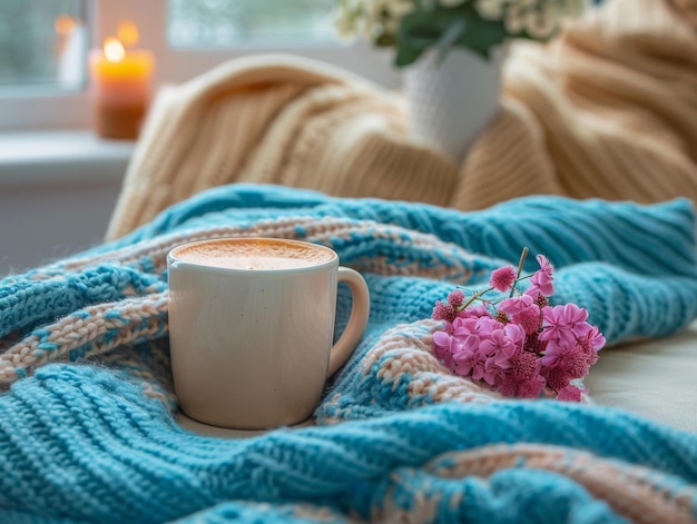 A cup of cappuccino coffee is placed on a turquoise blanket next to a vase of flowers