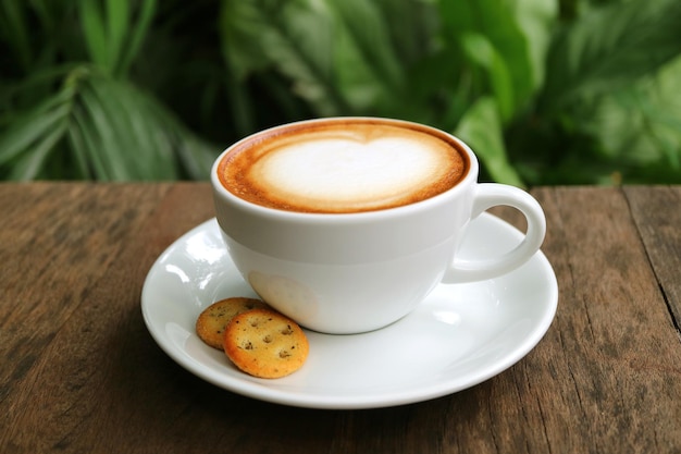 Cup of Cappuccino Coffee with Biscuits Served on Wooden Table in the Garden