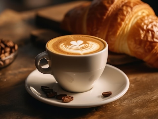 Cup of cappuccino coffee with croissants on wooden table