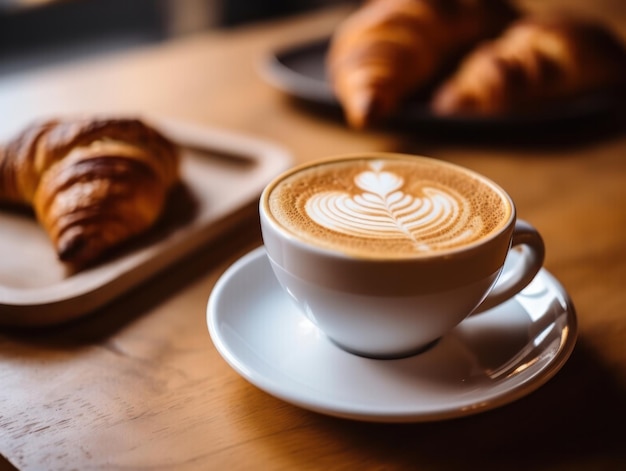 Cup of cappuccino coffee with croissants on wooden table