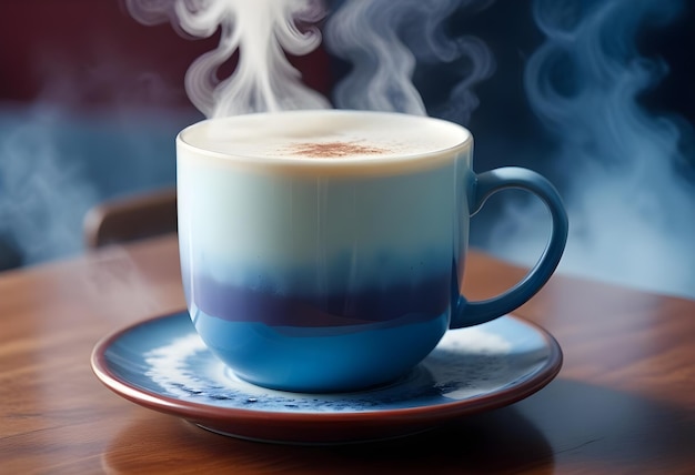 a cup of cappuccino is on a saucer with a blue and white background