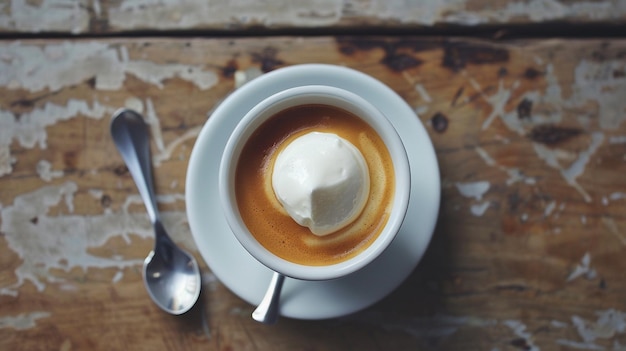 Photo a cup of cappuccino is on a table next to a spoon