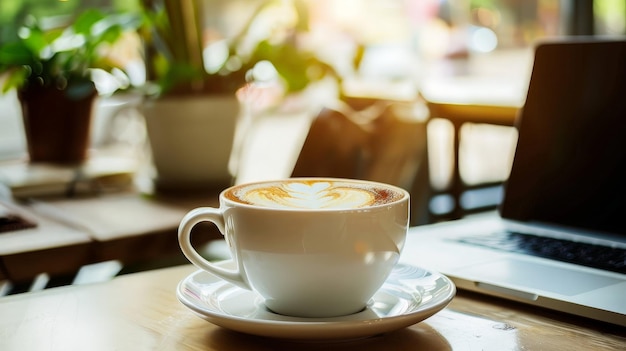 A cup of cappuccino and a laptop on the table in a coffee shop coffee break generative ai