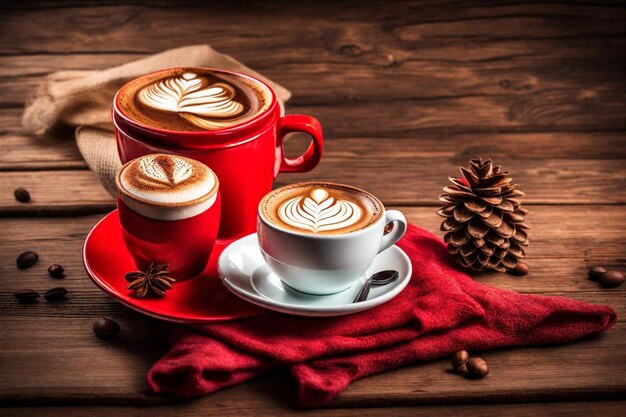 a cup of cappuccino and a pine cone on a red napkin