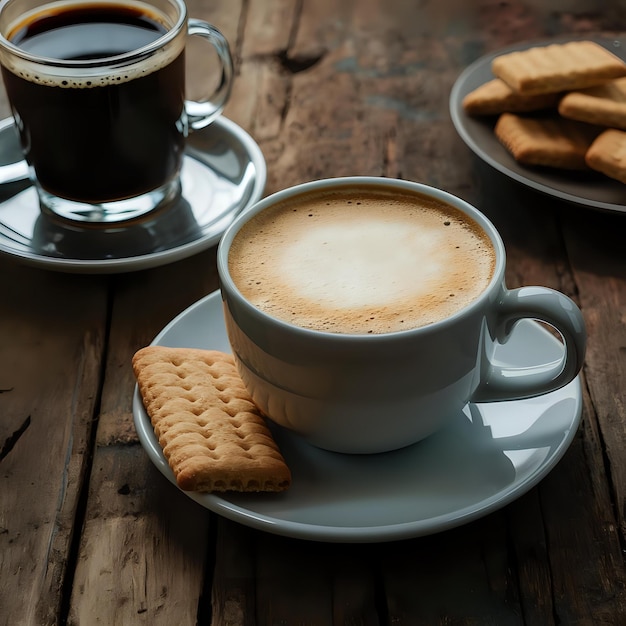 a cup of cappuccino sits on a plate next to a cup of coffee