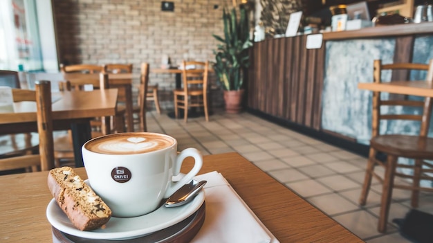 Photo a cup of cappuccino sits on a table in a restaurant