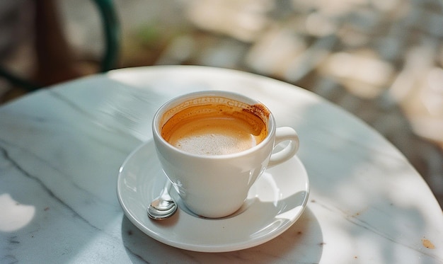 a cup of cappuccino sits on a table