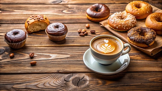 a cup of cappuccino sits on a wooden table next to a cup of coffee