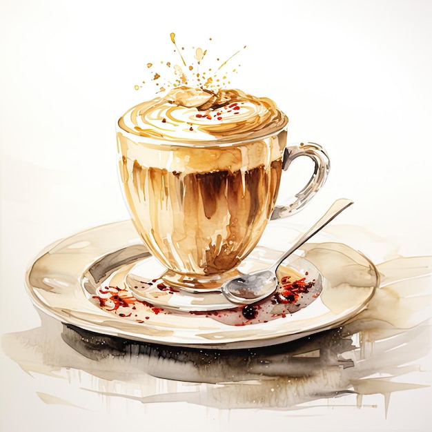 Cup of cappuccino watercolor illustration on white background