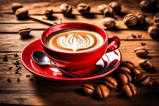 a cup of cappuccino with coffee beans on a wooden table