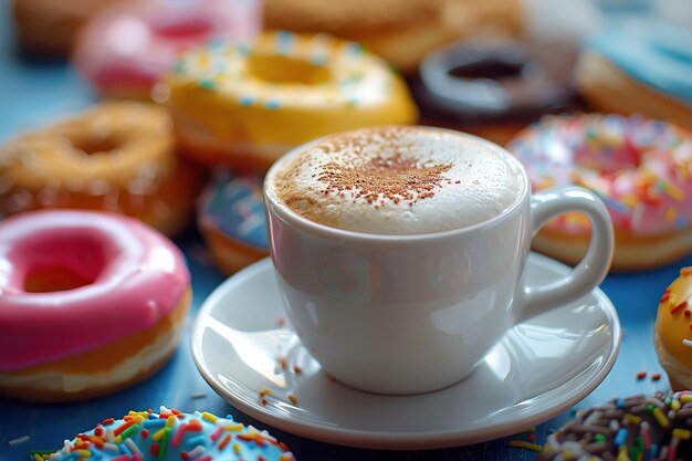 A cup of cappuccino with colorful donuts on a blue background