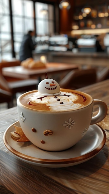 A cup of cappuccino with a creative snowman latte art and marshmallow decoration sits on a table