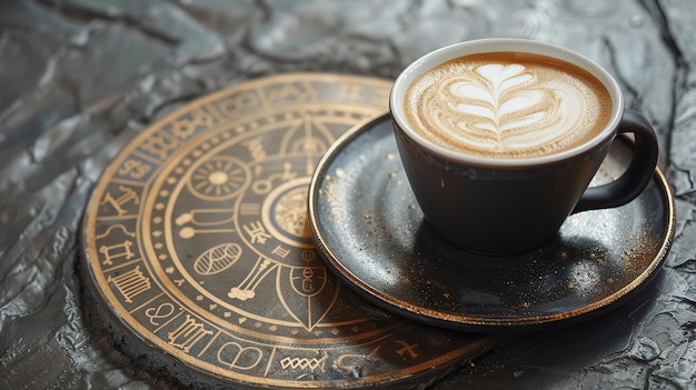 A cup of cappuccino with latte art on a saucer with a zodiac design