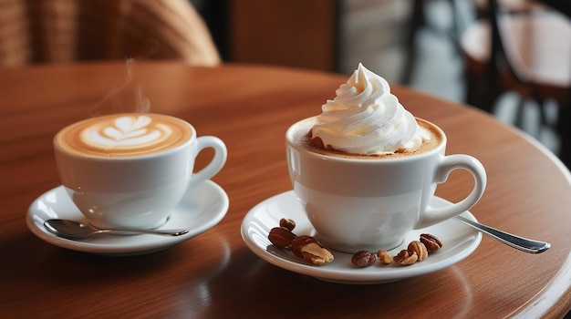 a cup of cappuccino with nuts on a saucer