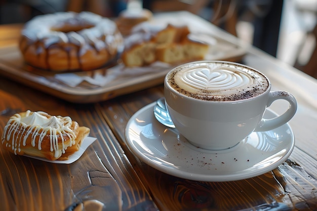 a cup of cappuccino with a pastry on a plate next to it