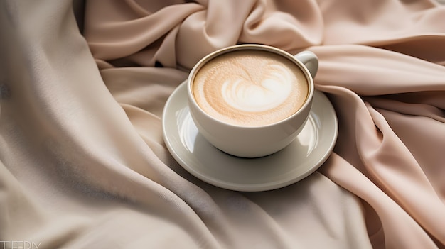 a cup of cappuccino with a pink cloth on a table.