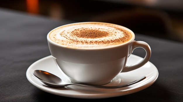 a cup of cappuccino with a spoon on a saucer