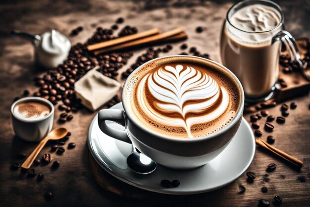 a cup of cappuccino with a spoon on a table