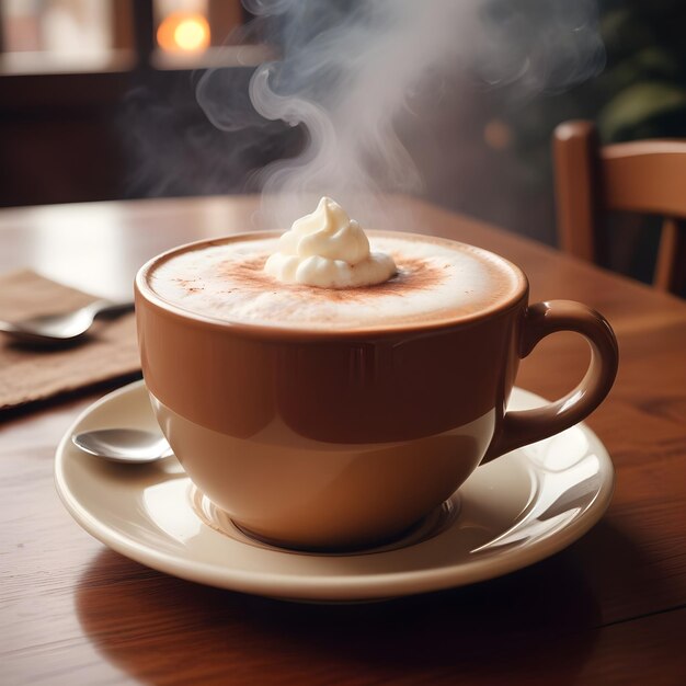 a cup of cappuccino with steam coming out of it