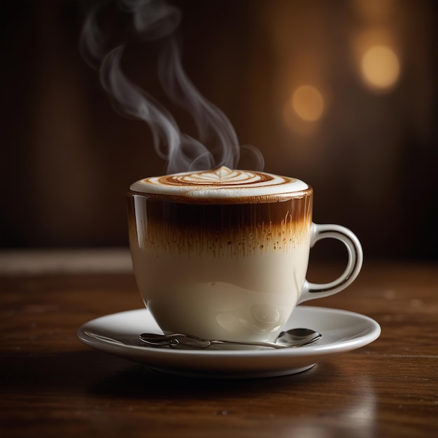 a cup of cappuccino with steam coming out of it