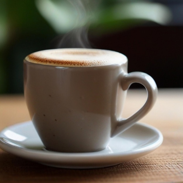 a cup of cappuccino with a white saucer that says cappuccino on it