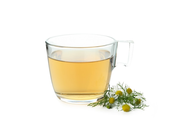 Cup of chamomile tea isolated on white