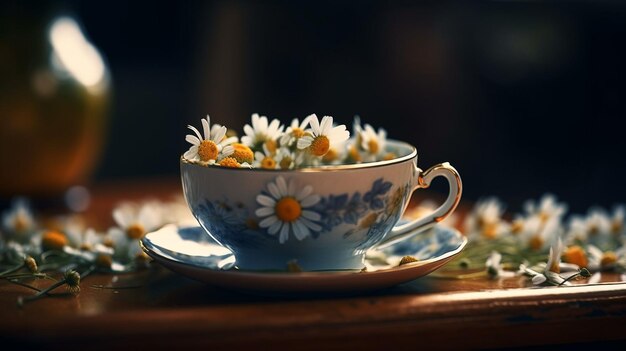 Cup of chamomile tea with chamomile flowersgenerative ai