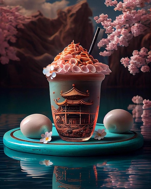 A cup of a cherry blossom frappuccino with a picture of a cherry blossom on the top.