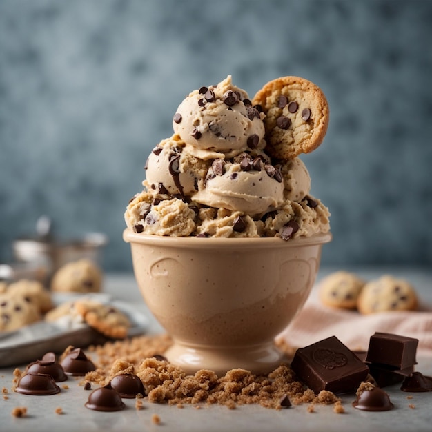 A cup of chocolate chip cookie dough ice cream with scoop of cookie dough in the center