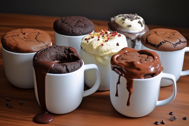 A cup of chocolate cupcakes with one being filled with chocolate and vanilla ice cream.