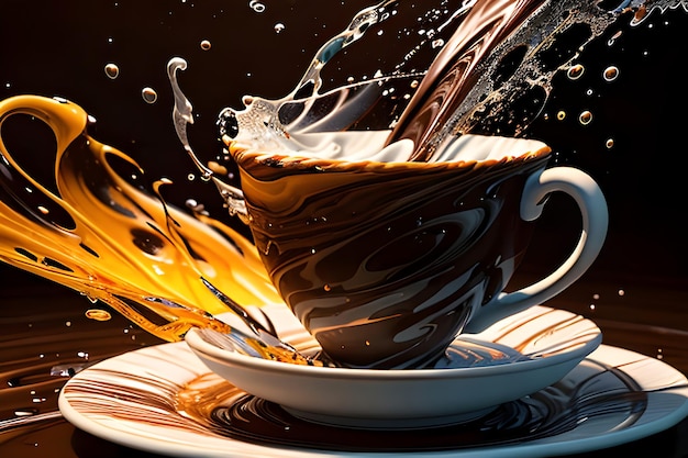 A cup of chocolate is covered in liquid of various colors ai generated