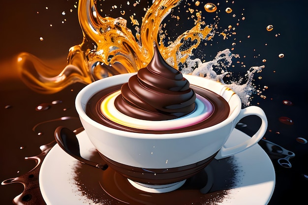 A cup of chocolate is covered in liquid of various colors ai generated