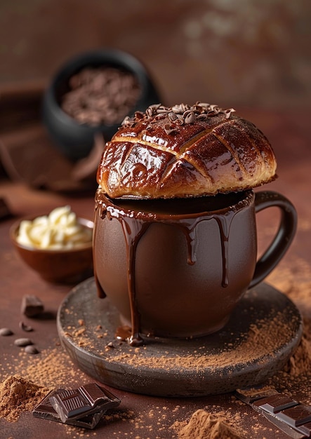 a cup of chocolate is on a table with a cup of coffee and a bowl of chocolate on it