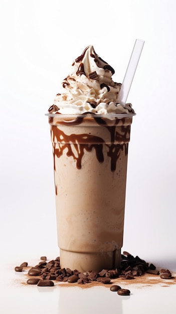 a cup of chocolate milkshake with a straw in it