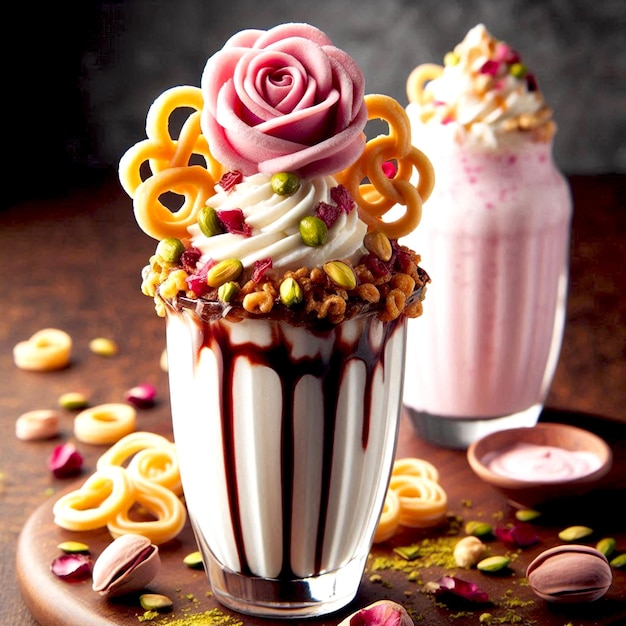 A cup of chocolate sauce with chocolate cream and candy sprinkles on top