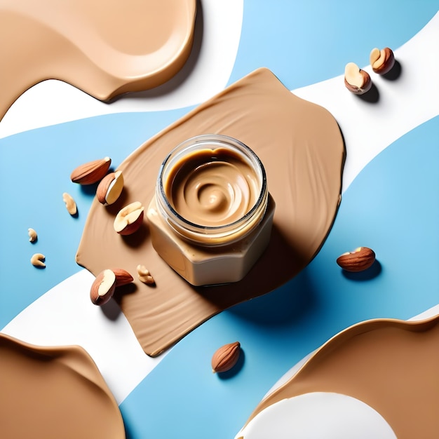 a cup of chocolate with a blue and white striped background